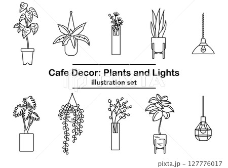 イラスト素材：カフェインテリアの植物と照明器具の線画セット 127776017