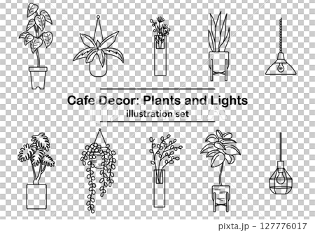 イラスト素材：カフェインテリアの植物と照明器具の線画セット 127776017