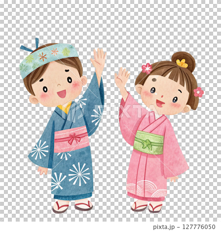 Cartoon of a boy and girl wearing Tanabata costumes Clipart Watercolor 127776050