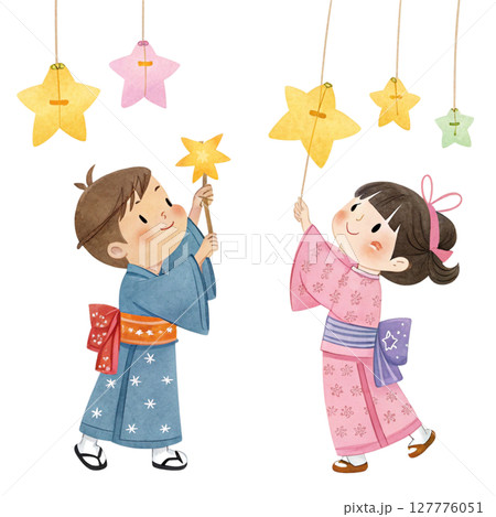 Cartoon of a boy and girl wearing Tanabata costumes Clipart Watercolor Cartoon of a boy and girl wearing Tanabata costumes Clipart Watercolor 127776051