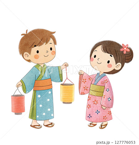Cartoon of a boy and girl wearing Tanabata costumes Clipart Watercolor Cartoon of a boy and girl wearing Tanabata costumes Clipart Watercolor 127776053
