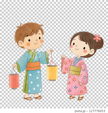 Cartoon of a boy and girl wearing Tanabata costumes Clipart Watercolor Cartoon of a boy and girl wearing Tanabata costumes Clipart Watercolor 127776053