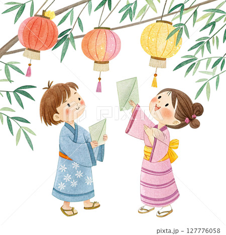 Cartoon of a boy and girl wearing Tanabata costumes Clipart Watercolor Cartoon of a boy and girl wearing Tanabata costumes Clipart Watercolor 127776058
