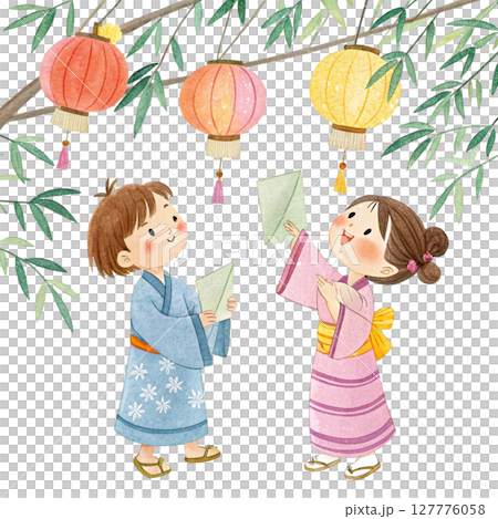 Cartoon of a boy and girl wearing Tanabata costumes Clipart Watercolor Cartoon of a boy and girl wearing Tanabata costumes Clipart Watercolor 127776058