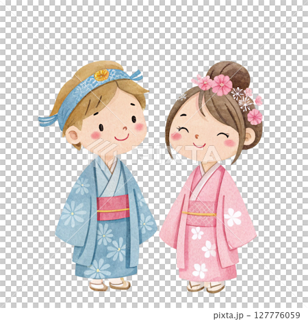 Cartoon of a boy and girl wearing Tanabata costumes Clipart Watercolor 127776059