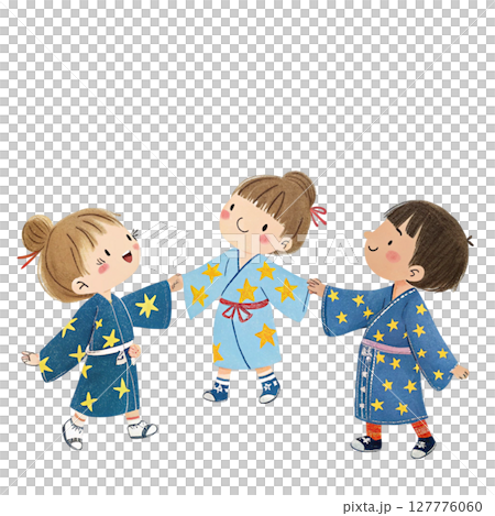 Cartoon of a boy and girl wearing Tanabata costumes Clipart Watercolor 127776060