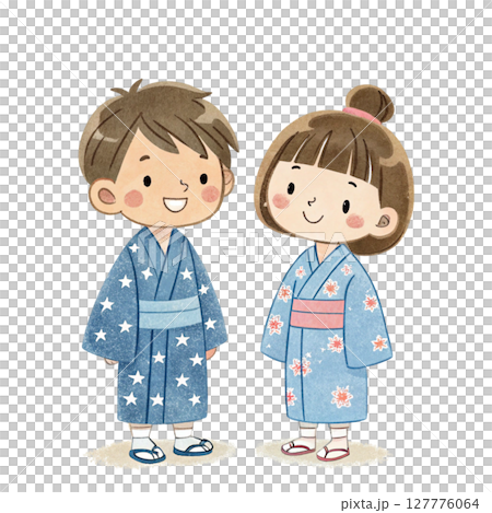 Cartoon of a boy and girl wearing Tanabata costumes Clipart Watercolor 127776064