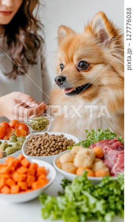 手作りフードの材料を前にしたポメラニアンの食卓風景 127776088