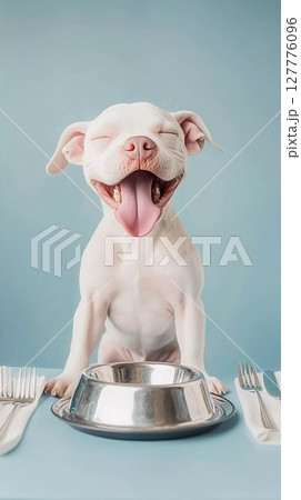 ごはんを前に大きなあくびをする子犬のかわいい瞬間 127776096