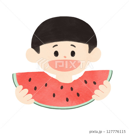 スイカを食べる子供　夏　シンプルな水彩イラスト 127776115