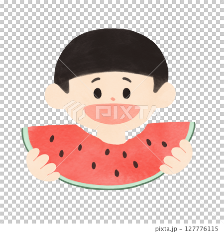孩子吃西瓜夏天簡單水彩插圖 127776115