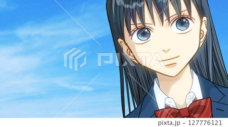 広がる青空、前向きな笑顔の制服ブレザー女子学生アニメ風イラスト、左に余白 127776121