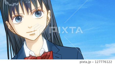 広がる青空、前向きな笑顔の制服ブレザー女子学生アニメ風イラスト、右に余白 127776122