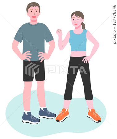 笑顔でポーズをとるトレーニングウェアの若い男女 127776346