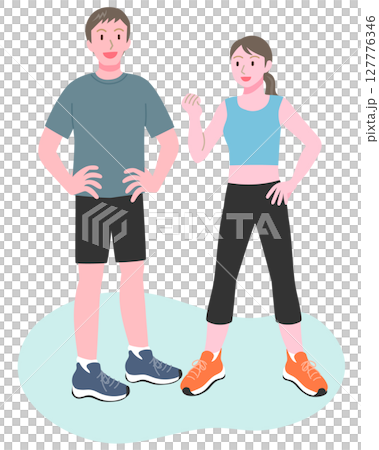 笑顔でポーズをとるトレーニングウェアの若い男女 127776346