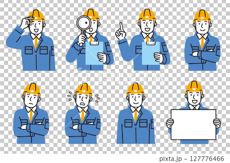 A simple illustration set of a male worker wearing work clothes and a helmet 127776466