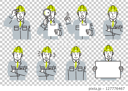 一組簡單的插圖，一名男工人穿著工作服，戴著安全帽 127776467