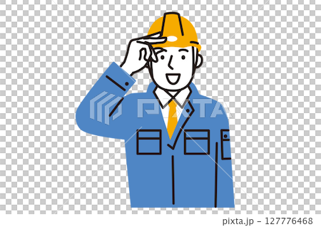 一位男工人穿著工作服，戴著安全帽打招呼的簡單插圖 127776468