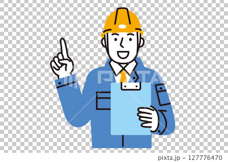 A simple illustration of a male worker wearing work clothes pointing A simple illustration of a male worker wearing work clothes pointing 127776470