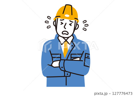 作業服を着てヘルメットを被った困った顔の男性作業員のシンプルなイラスト 127776473