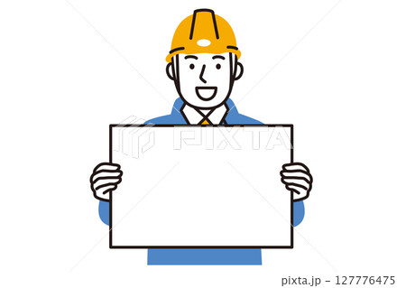 作業服を着てホワイトボードを持った男性作業員のシンプルなイラスト 127776475