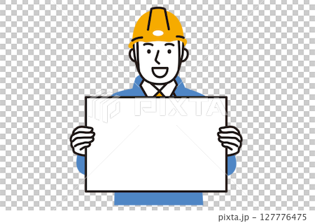 作業服を着てホワイトボードを持った男性作業員のシンプルなイラスト 127776475