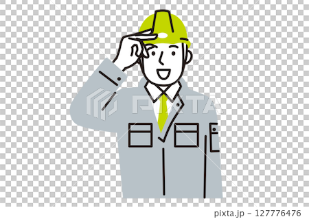 A simple illustration of a male worker wearing work clothes and a helmet greeting 127776476