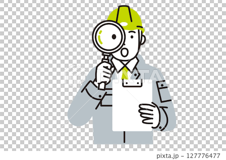 A simple illustration of a male worker wearing work clothes inspecting with a magnifying glass 127776477