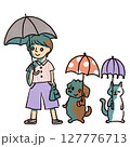 日傘をさす女性と犬と猫 127776713