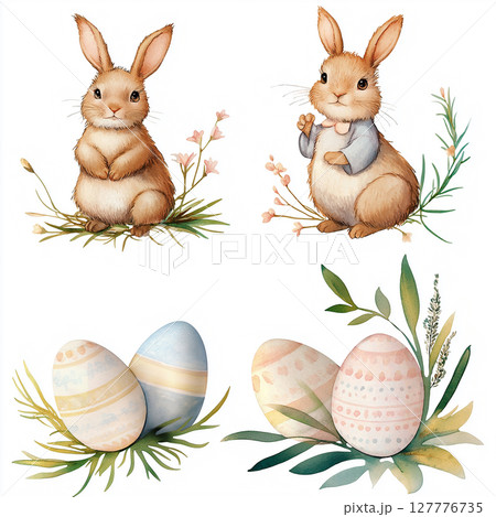 Cute watercolor bunny and Easter egg clip art for festive designs 127776735