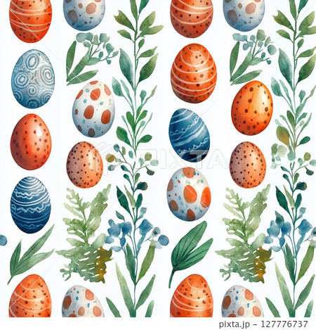 Colorful watercolor easter eggs and greenery seamless pattern for festive designs Colorful watercolor easter eggs and greenery seamless pattern for festive designs 127776737
