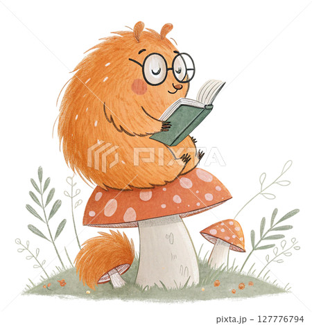 monster cartoon Wearing glasses and sitting on a mushroom reading a book Clipart Watercolor 127776794