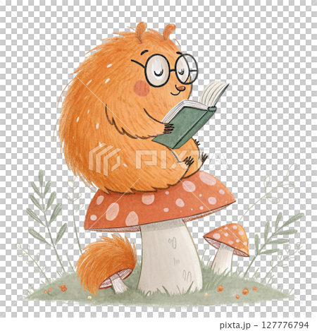 monster cartoon Wearing glasses and sitting on a mushroom reading a book Clipart Watercolor 127776794