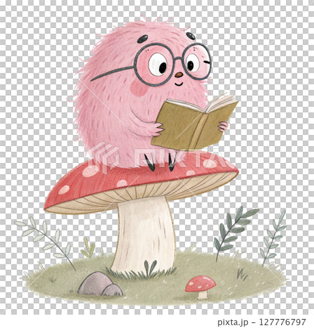 monster cartoon Wearing glasses and sitting on a mushroom reading a book Clipart Watercolor 127776797