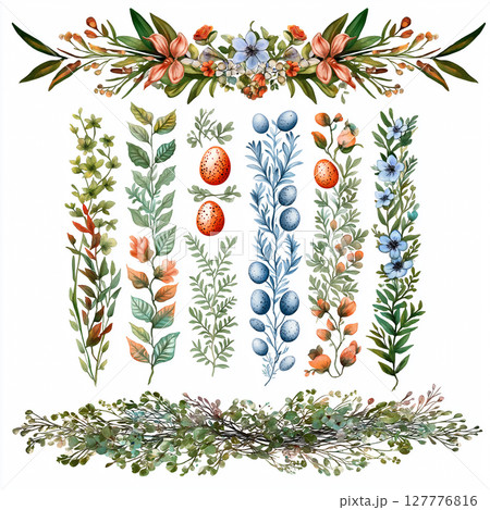 Creative watercolor easter clipart featuring floral garland and colorful eggs 127776816