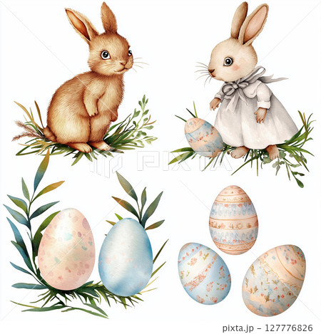Charming watercolor clip art featuring bunnies and decorated Easter eggs for spring celebrations Charming watercolor clip art featuring bunnies and decorated Easter eggs for spring celebrations 127776826