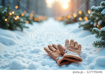 Cozy winter mittens on snowy path with festive lights at sunset in winter wonderland. AI generation 127776846