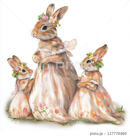 Charming watercolor bunny mom and kids clip art for festive occasions and crafts 127776860