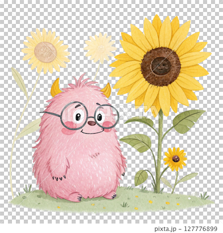 monster cartoon Wearing glasses Sitting in front of the sunflower Clipart Watercolor 127776899