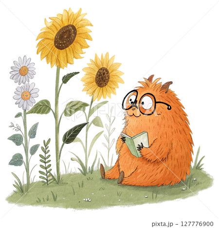 monster cartoon Wearing glasses Sitting in front of the sunflower Clipart Watercolor 127776900