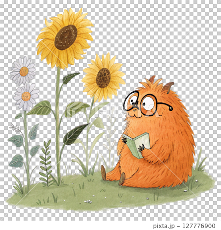 monster cartoon Wearing glasses Sitting in front of the sunflower Clipart Watercolor 127776900