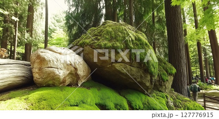 Green moss blankets rocks and grass in a serene forest environment 127776915