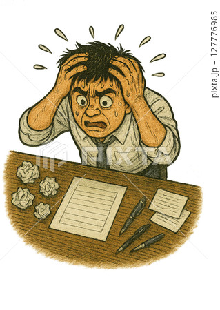 完璧主義で悩むサラリーマン、圧迫感・孤独感・追い詰められ感のサラリーマン、締切に追われてパニック状 127776985