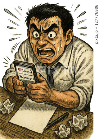 SNSの反応に一喜一憂する汗だくの男性、フォロワー減少にパニックを起こすスーツ男性、承認欲求に振り回 127776986