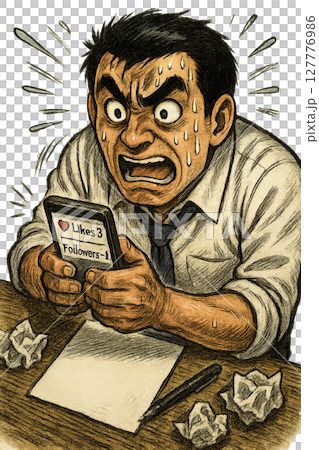 SNSの反応に一喜一憂する汗だくの男性、フォロワー減少にパニックを起こすスーツ男性、承認欲求に振り回 127776986