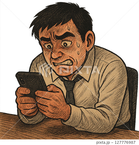 怒りと焦りの表情でスマホ画面を見つめる男性、SNSで不快な情報を見て苛立つスーツ男性、負の感情を増幅 127776987