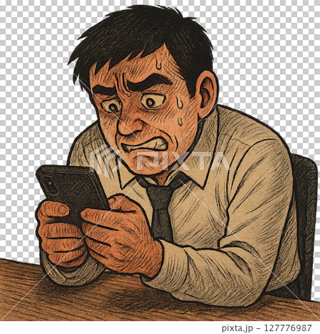 怒りと焦りの表情でスマホ画面を見つめる男性、SNSで不快な情報を見て苛立つスーツ男性、負の感情を増幅 127776987