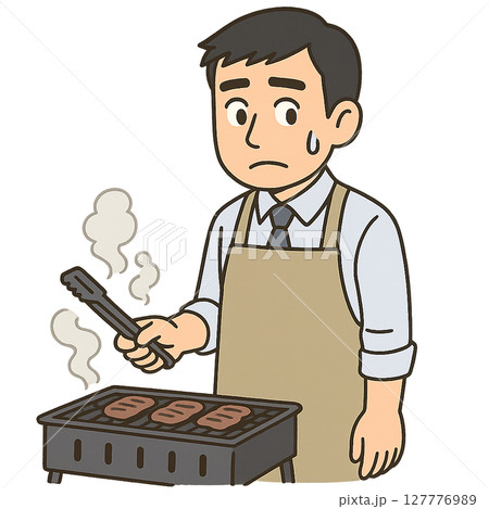 気乗りしないまま焼き係を任された男性、断れずにバーベキュー当番をしているサラリーマン、無表情で肉を焼 127776989
