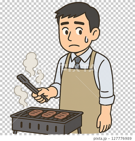 気乗りしないまま焼き係を任された男性、断れずにバーベキュー当番をしているサラリーマン、無表情で肉を焼 127776989