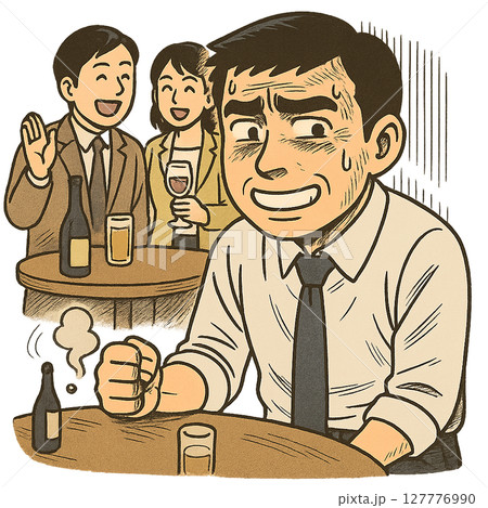 無理に笑ってやり過ごすスーツ男性、職場飲み会で悔しさを押し殺す若手社員、自慢話に拳を握りしめるストレ 127776990